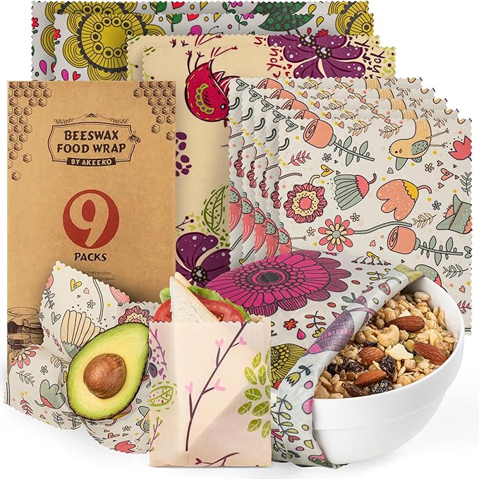Akeeko Reusable Beeswax Food Wraps - Assorted 9 Packs, Reusable, Plast ...